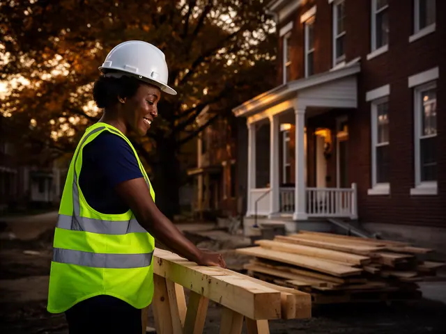 A builder in a hard hat and safety vest on a home construction site.
