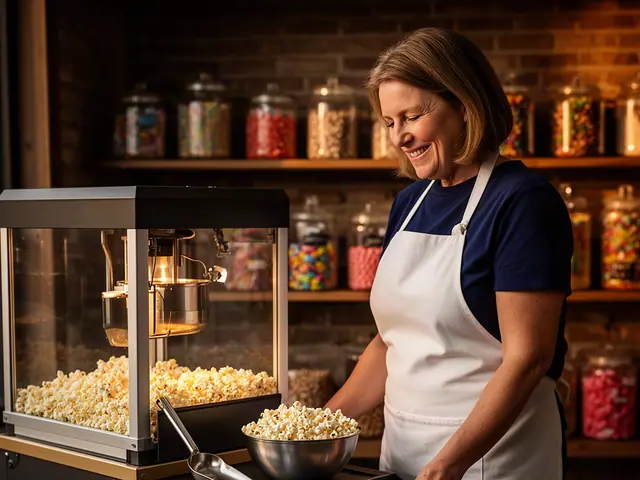 A woman with a light-brown bob beside new equipment in a small popcorn and candy shop.