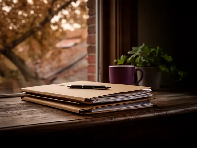 A neat stack of closed manila folders and a pen on a desk by a window.