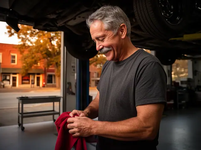 An auto-repair shop owner in a service bay under a lifted car.