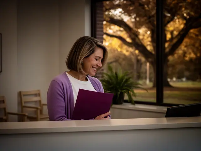A clinic office manager holding a folder behind a reception counter.