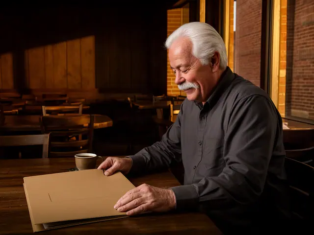 A restaurant owner seated with a folder in an empty dining room before opening.