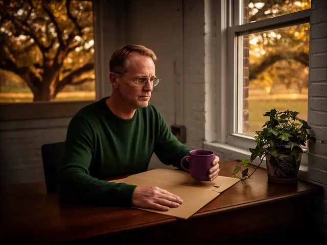 A man with short sandy hair and wire-rimmed glasses at a desk with a folder and a mug in a small back office.