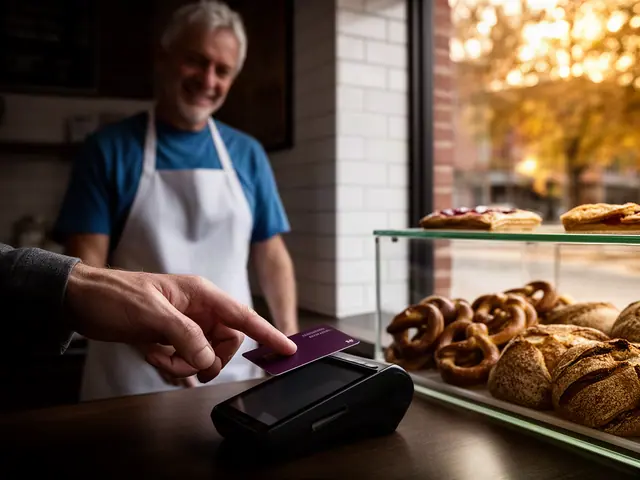 A customer taps a card on a counter terminal at a small German-style bakery.